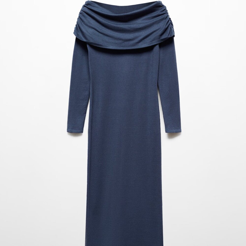 NEW, Mango: Off-the-shoulder draped dress / Blue / US 4